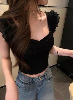 张贝贝ibell森系甜美感弹力蕾丝小衫设计感休闲百搭短款显瘦上衣