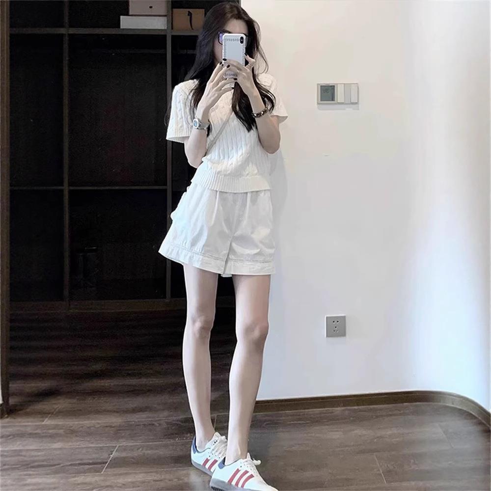 韩系休闲套装女2025夏季白色麻花短袖针织体恤上衣宽松阔腿短裤子