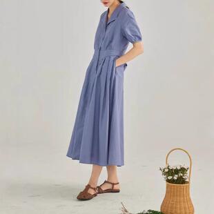 桔梗蓝短袖连衣裙女挺阔感棉麻混纺亲肤收腰压褶长裙女