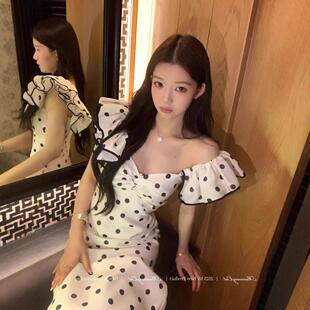 Mummy 下蛋喵球花优雅复古黑白波点抹胸丰胯生日礼服长裙 Cat