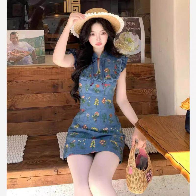 新中式国风碎花牛仔旗袍连衣裙女夏季新款无袖收腰蝴蝶结吊带短裙