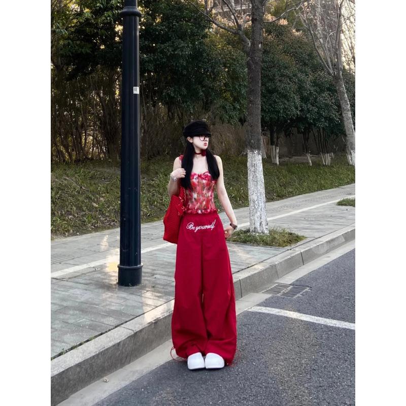 套装女2025夏季新款美式辣妹短款碎花吊带背心高腰阔腿裤两件套潮
