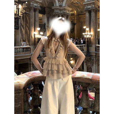 雪纺上衣+宽松工装显瘦长裙套装