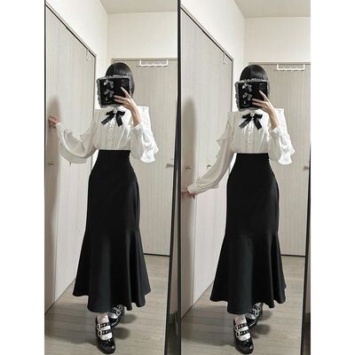 可爱日系衬衫量产型珍珠领上衣女黑色a字鱼尾半身裙子套装