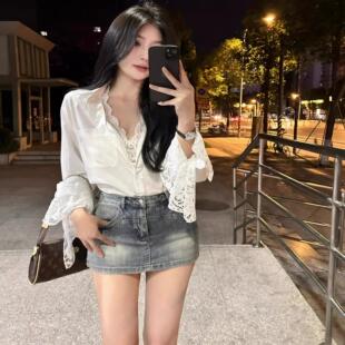 广州十三行女装白色蕾丝拼接假两件polo领长袖衬衫女宽松薄款上衣