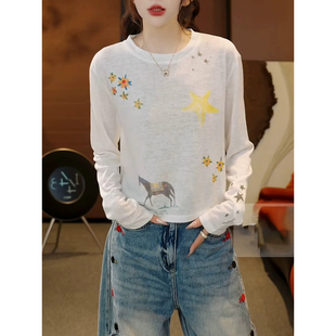 海外订单尾货~慵懒风星星小马印花防晒长袖T恤女白色休闲薄款上衣