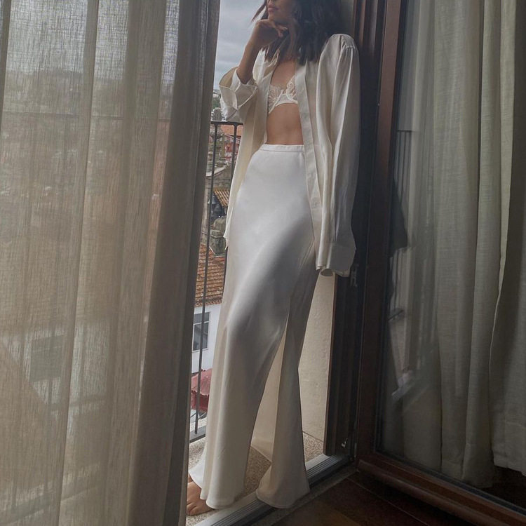 过渡性感ZONE高级垂坠感拖地长款裙时尚侧开叉高腰百搭半身裙白色