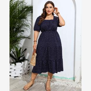 2024 Summer Neck Women Dress Square Printed Fat Vacation