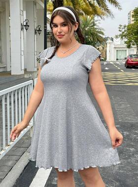 Large size women 2024short sleeve dress with wooden ear edge