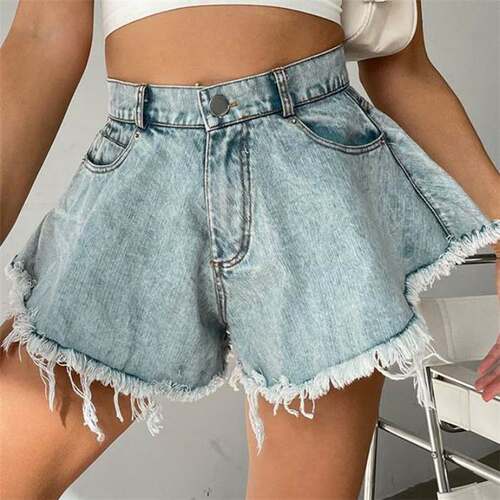 欧美时尚毛边阔腿牛仔短裤热裤 Ripped Denim Shorts Jeans Women