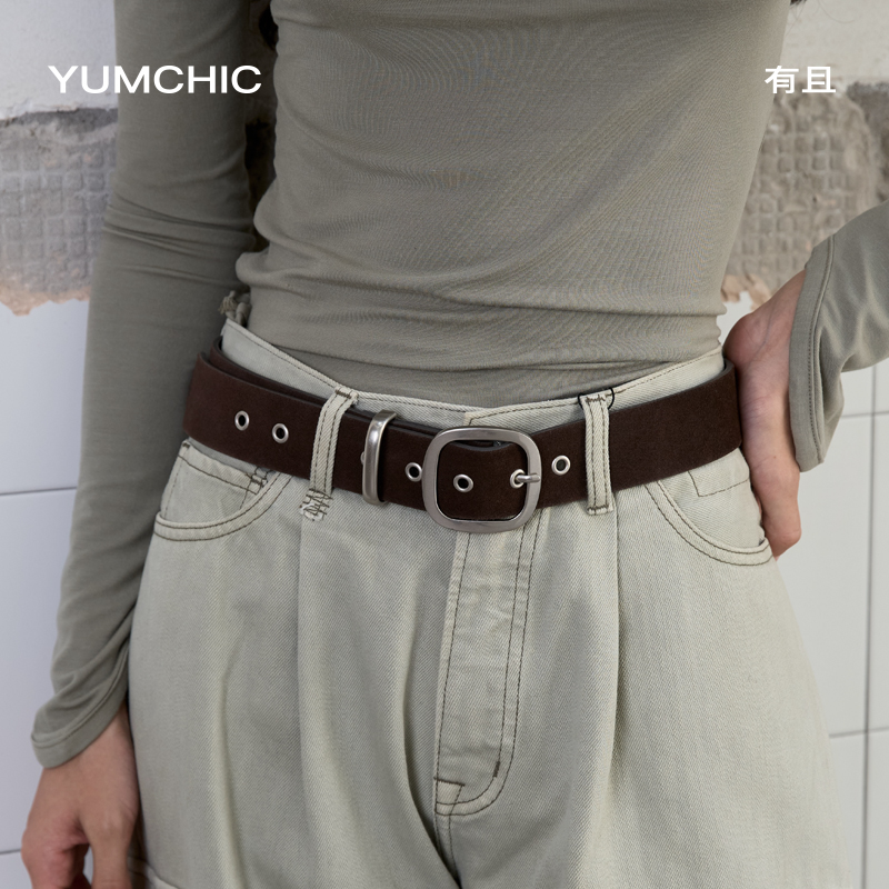 【李佳琦直播间时尚节】YUMCHIC/有且磨砂方扣皮带复古花纹扣腰带