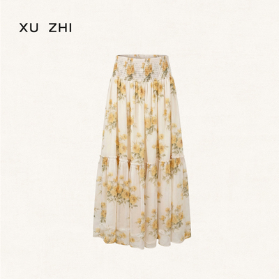 XU ZHI2026夏季新品荷叶边装饰抽褶印花半裙