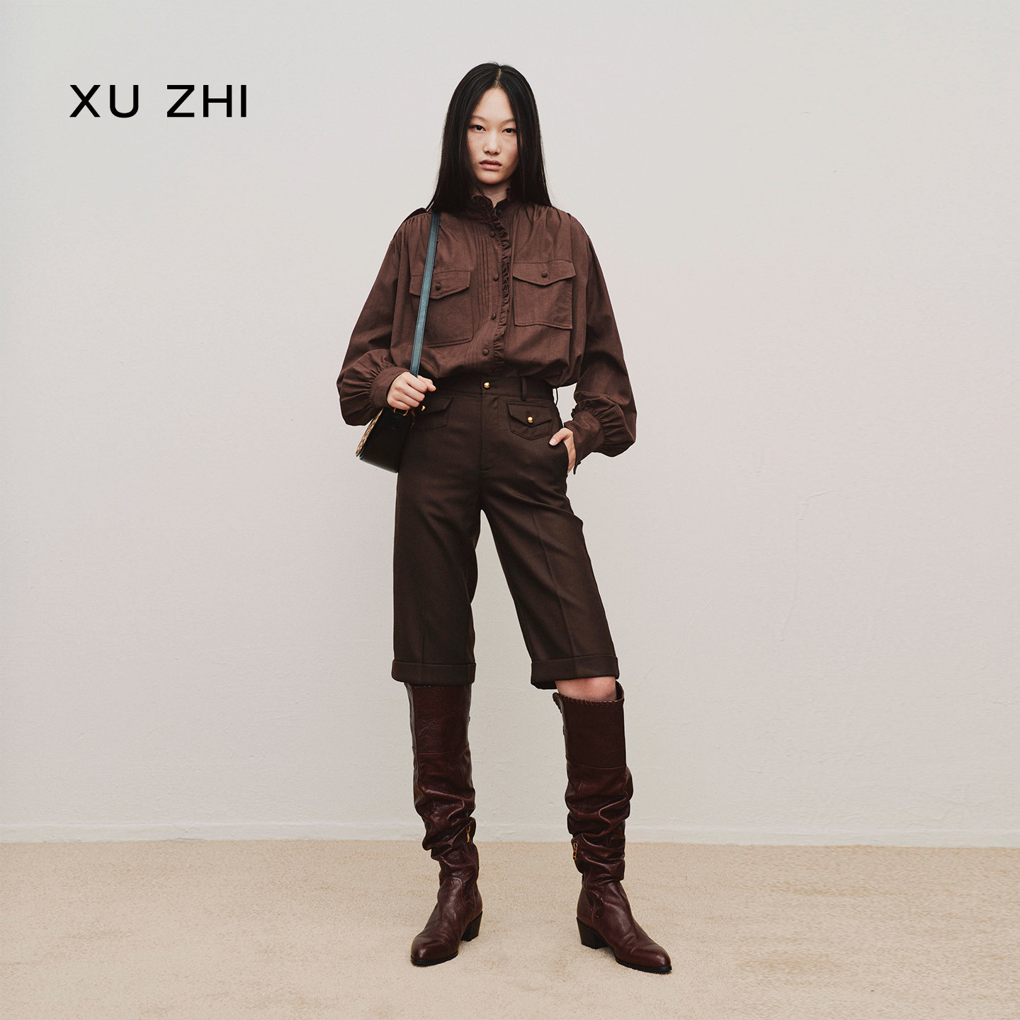 XUZHI2026秋季新品羊毛直筒阔腿西装宽松版棕色骑行中裤男女同款