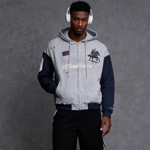 USERWHO 拼色连帽美式重工水洗破洞刺绣拉链卫衣宽松型