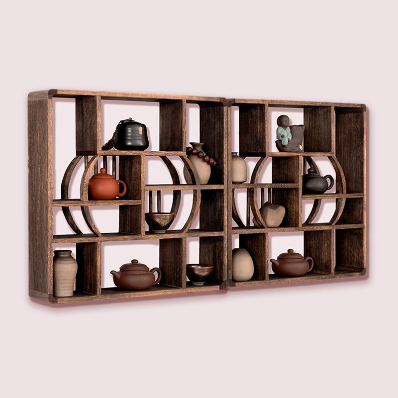 实木茶架子置物架挂墙博古架壁挂式茶杯展示架 茶室置物架 新中式