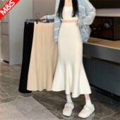杏色针织鱼尾裙包臀半裙女秋冬新款 米白色半身裙 高腰a字长裙冬季