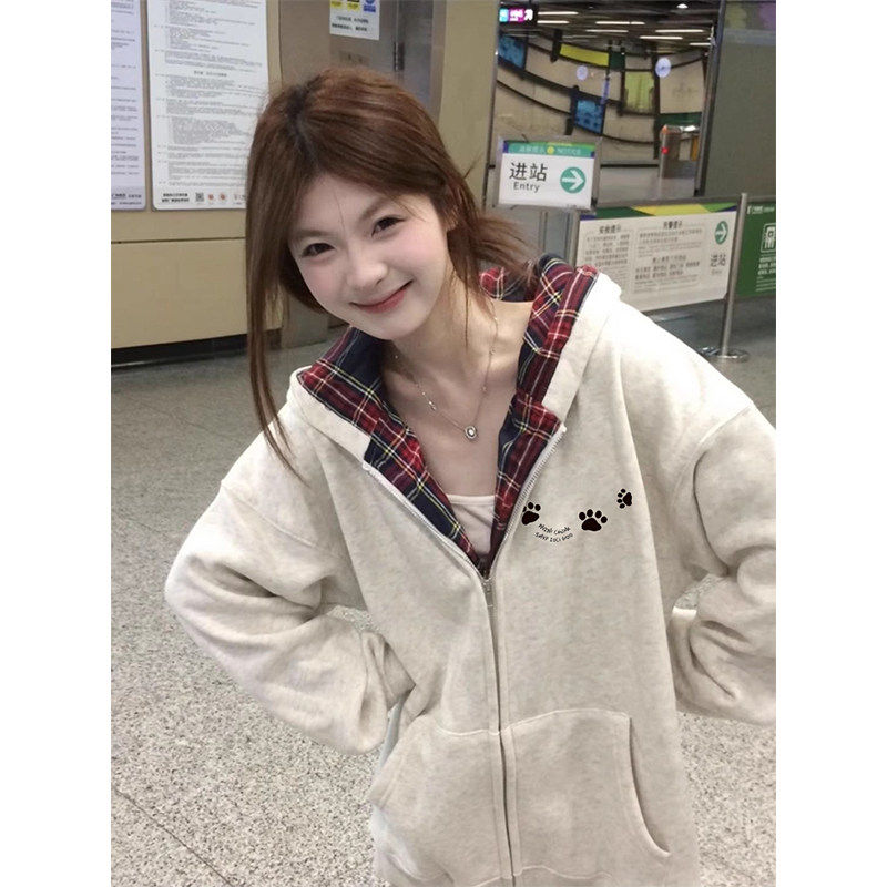 美式高街初中生格纹连帽开衫卫衣女春秋季宽松设计感小众拉链外套