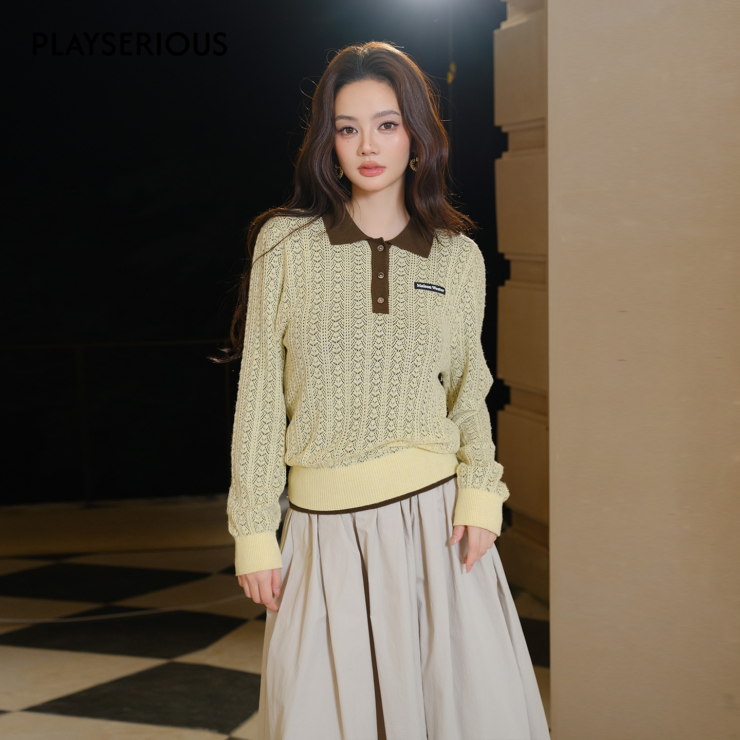 Maison Wester 2025秋季新款浅黄撞色Polo领提花针织毛衣女学院风