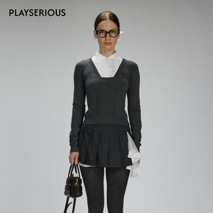 LACERTA2025秋季新款针梭拼接绞花羊毛针织毛衣女撞色假两件上衣