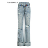 Obbaco 百搭直筒长裤 2024春季 VO高腰纽扣翻边牛仔裤 新款 Valeria