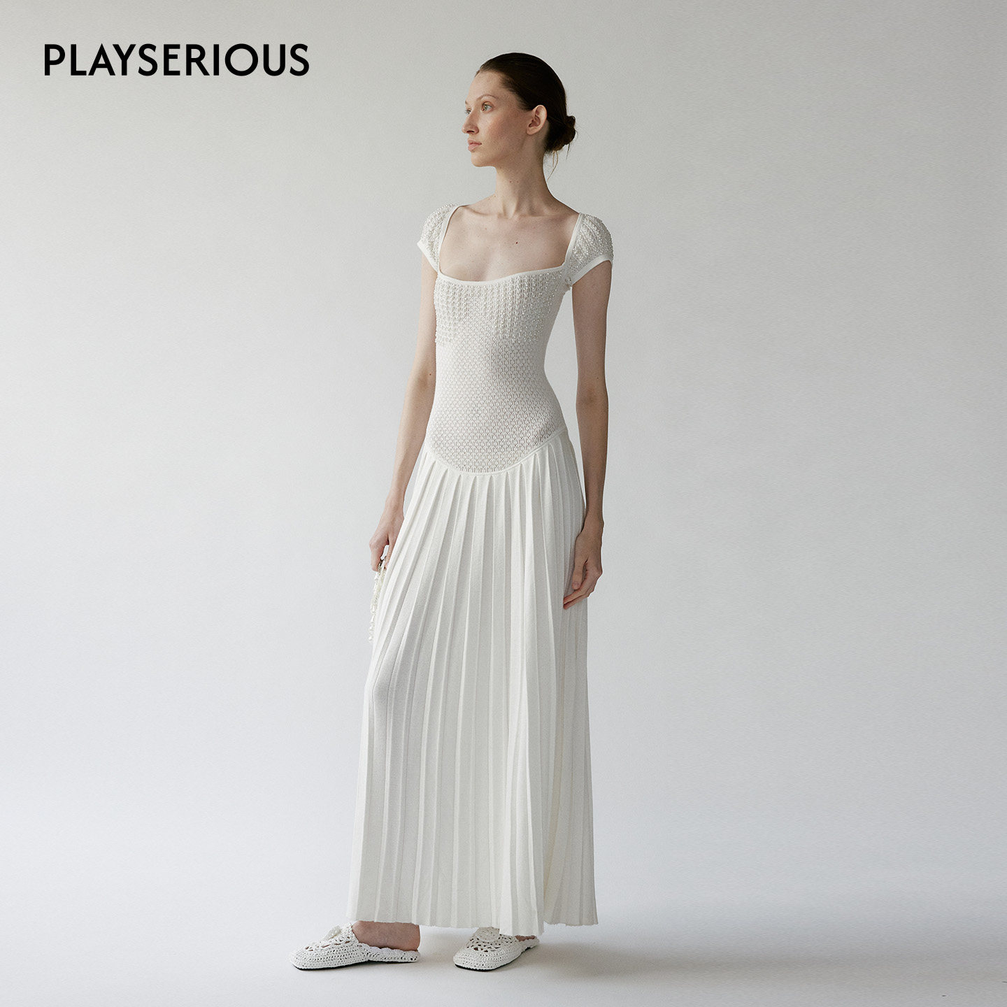 【aikoko同款】NONETONE 26春夏新款针织褶裥连衣裙手工钉珠长裙