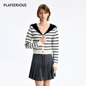 女拼色针织开衫 CONCISE 新款 海军领条纹开衫 WHITE简白 2025秋季