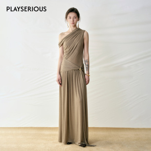 孙乐言同款 新款 CELLO 25秋季 斜肩金珠连衣裙女斜领 SONATA