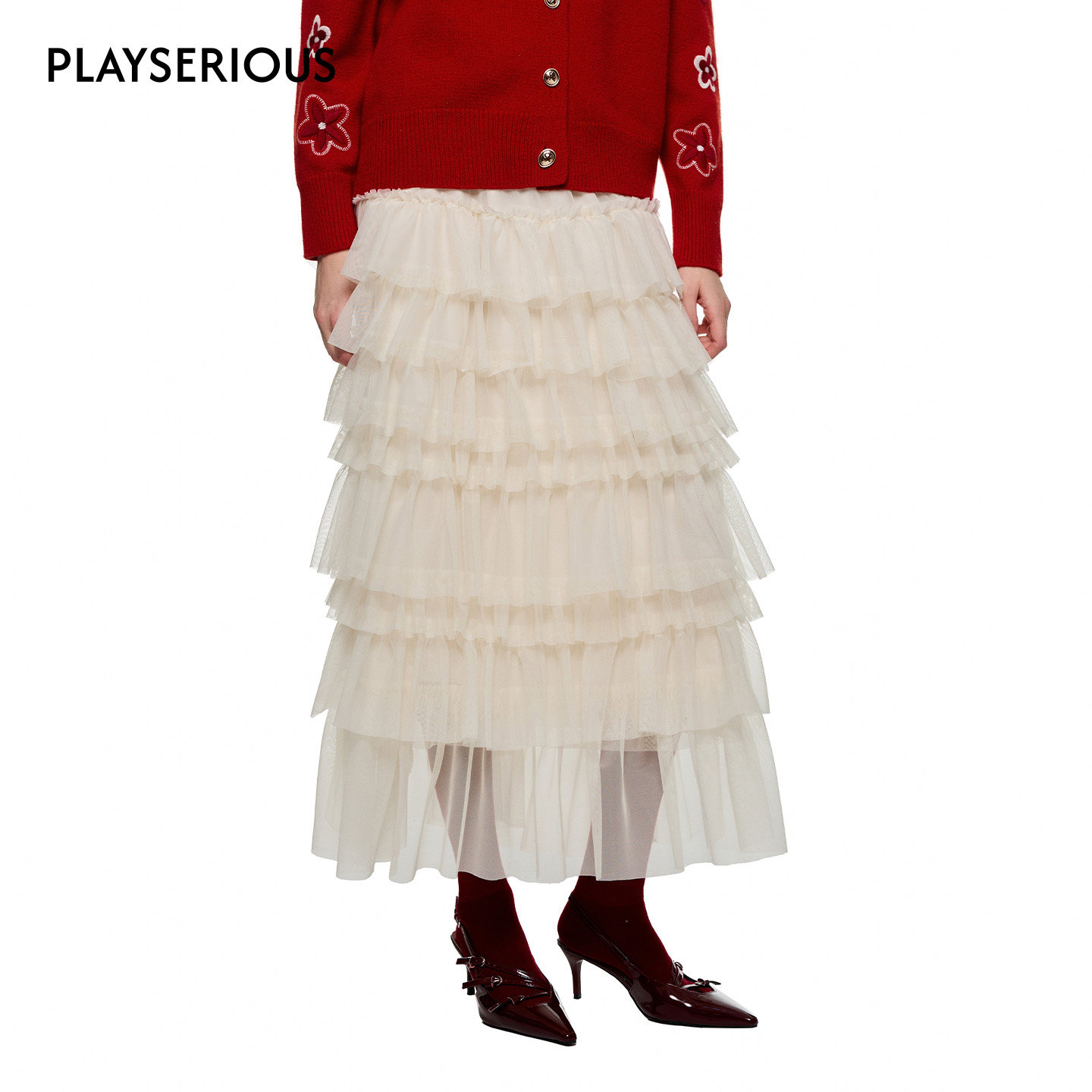 SHRO ENRO 2025秋冬新款多层抽褶雪纺蛋糕长半裙女网纱甜美半身裙