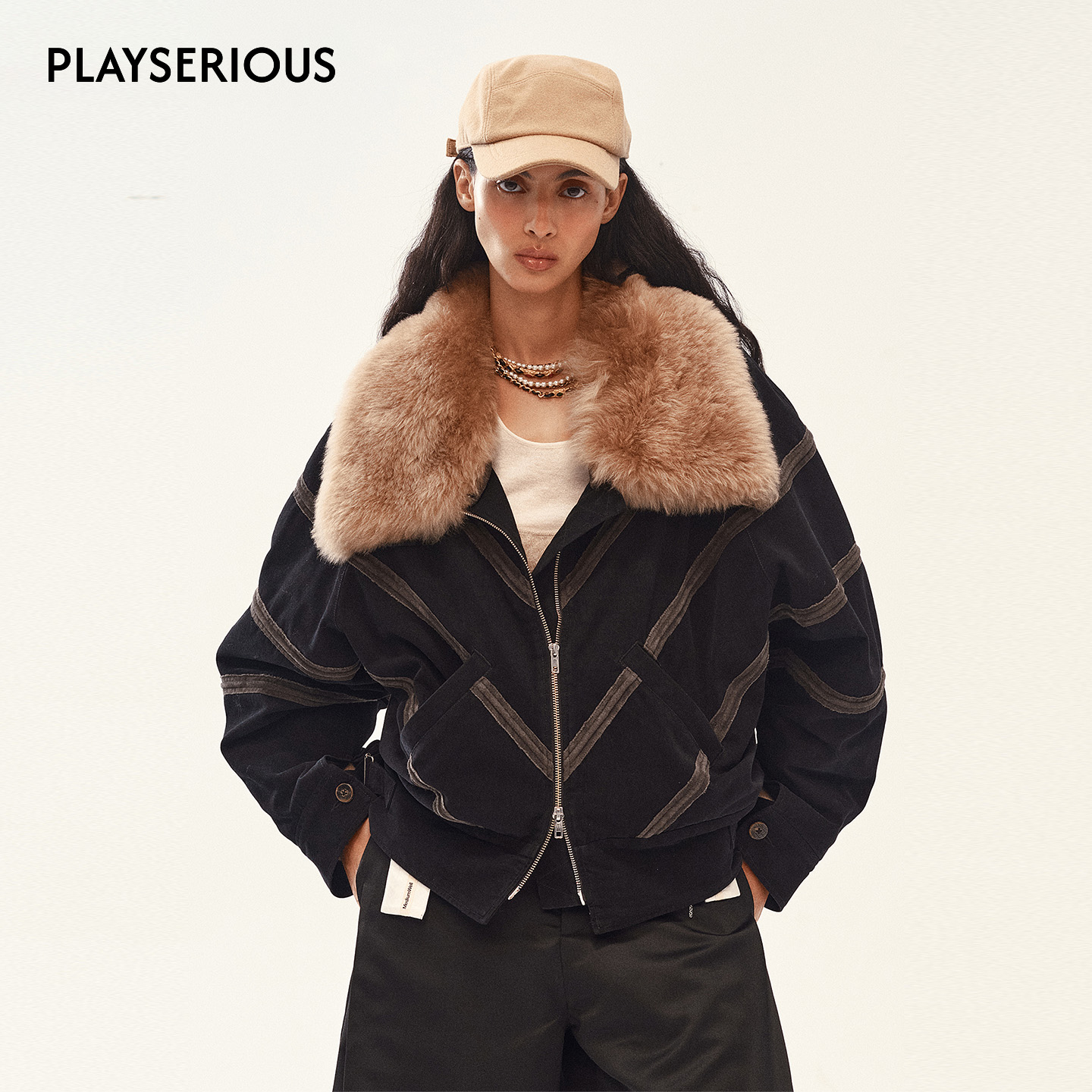 Medium Well 2025秋季新款麂皮斜条棉羊绒毛领夹克女时尚毛领外套