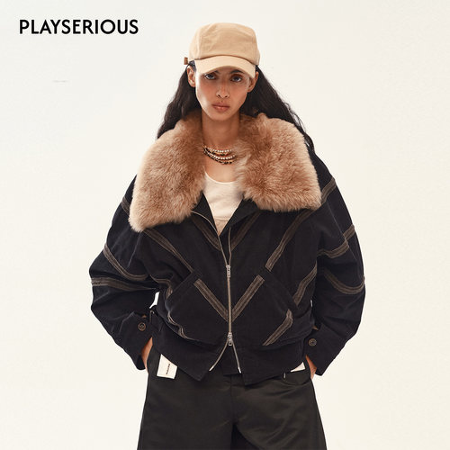 Medium Well 2025秋季新款麂皮斜条棉羊绒毛领夹克女时尚毛领外套