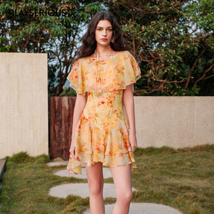 Sheer Luck 2026春夏新款雪纺印花氛围感披肩短款连衣裙女度假风