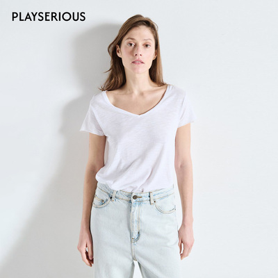 American Vintage 2026春夏新款休闲风宽松T恤女纯色V领简约上衣