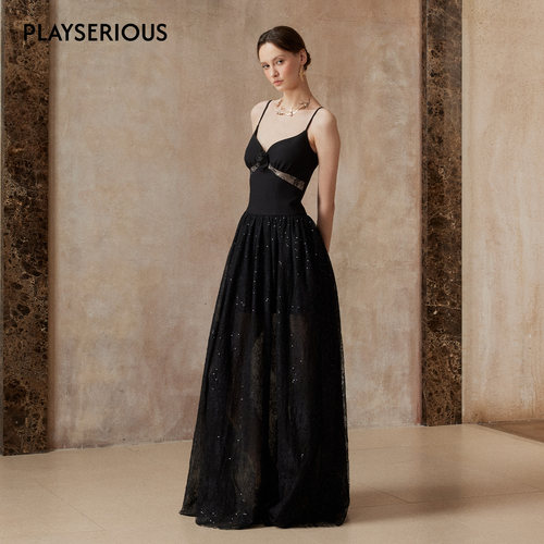 fa sogno 2025秋季新款“墨色星空”礼服裙女黑色收腰显瘦长裙