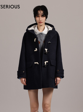 LACERTA 2025秋冬新款藏蓝色连帽羊毛牛角扣短大衣女休闲毛呢外套