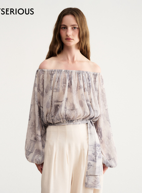 Hashmere 2026春夏新款伊卡洛斯印花压褶一字肩上衣女宽松休闲T恤