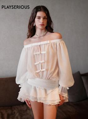 【侯佩岑张碧晨同款】SheerLuck25春夏新款SeeThru一字肩连衣裙