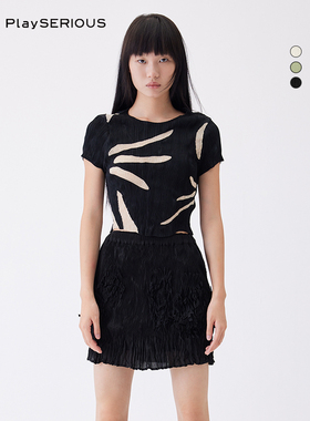 BIBILEE 夏季新款不对称设计褶皱拼撞色圆领短袖T恤上衣短款