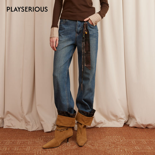 ARTE PURA 2025秋冬新款丝巾挂件拼接咖格牛仔裤女复古直筒长裤