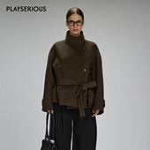 新款 LACERTA 2025秋季 立领绑带羊毛双面呢短大衣纯色老钱风外套