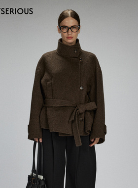 LACERTA 2025秋季新款立领绑带羊毛双面呢短大衣纯色老钱风外套