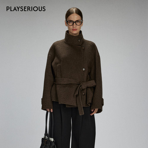 LACERTA 2025秋季新款立领绑带羊毛双面呢短大衣纯色老钱风外套