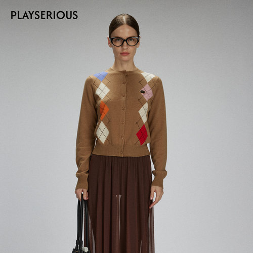 LACERTA 2025秋季新款五彩菱格羊毛针织外套女沙漠驼色学院风上衣