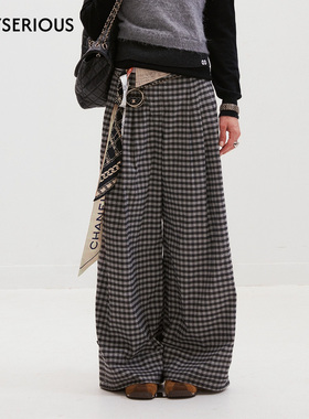 MEDIUM WELL 2025秋季新款折边格纹阔腿叠褶裤女休闲百搭直筒长裤