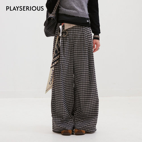 MEDIUM WELL 2025秋季新款折边格纹阔腿叠褶裤女休闲百搭直筒长裤