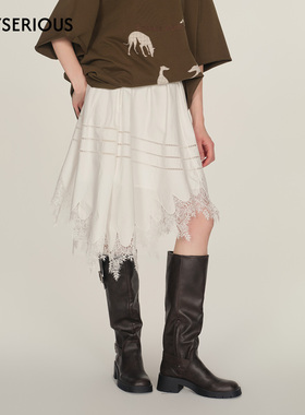 ICE DUST 2025早秋新款蕾丝花边半裙女纯色拼接不规则褶皱半身裙