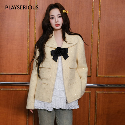 Maison Wester 2025秋季新款鹅黄毛呢翻领蝴蝶结宽松夹克女短外套