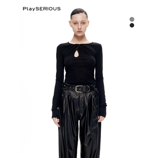 纯色可拆卸皮带羊毛针织扭结褶皱打底衫 款 女ins 2024秋季 CNLEEWEI