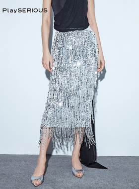 【陈紫函同款】SSPARKLING夏季新款重工半裙女银色晚礼服长裙