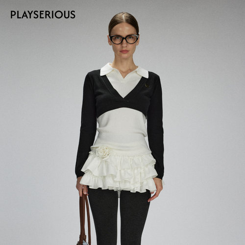 LACERTA2025秋季新款时尚精纺羊毛针织毛衣女假两件翻领叠穿上衣