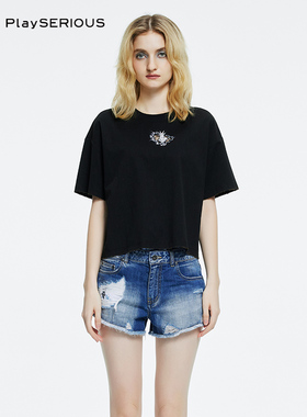 Valeria Obbaco 2024春季新款vo黑色休闲镂空圆领短袖百搭T恤女